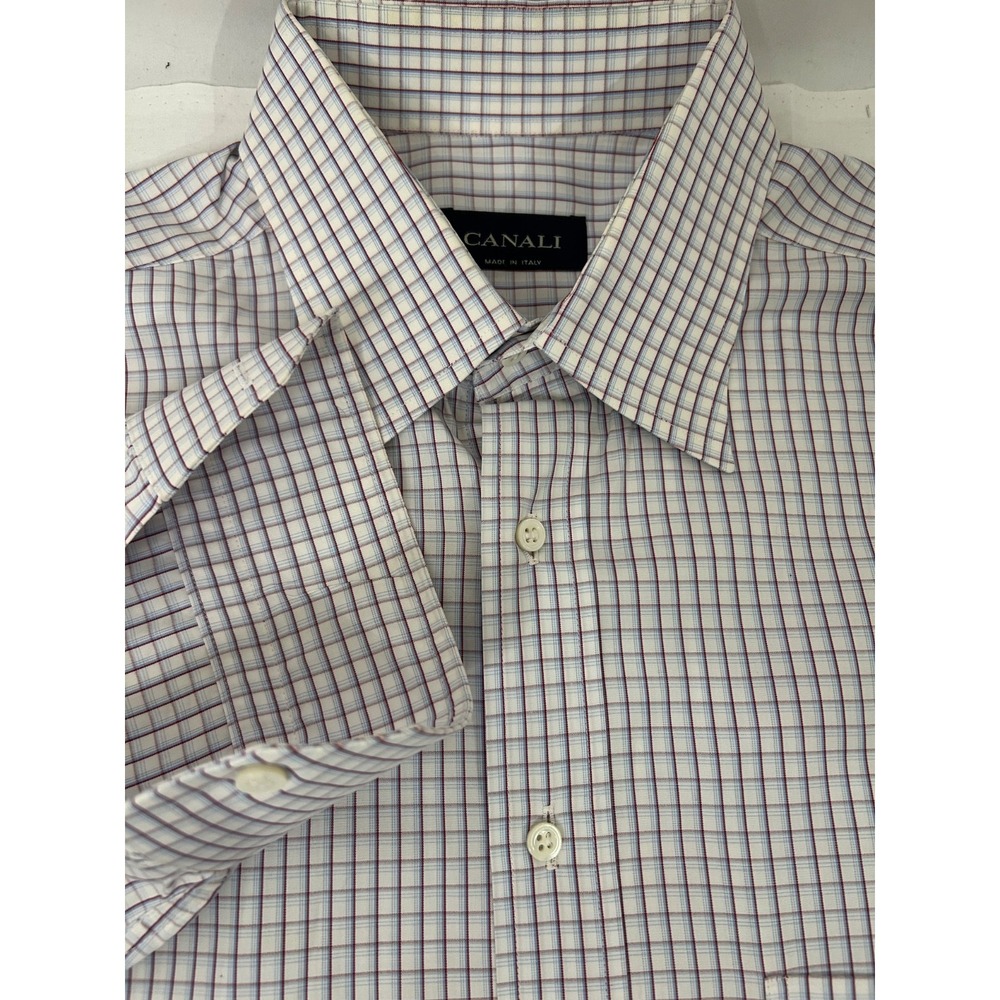 Canali Small Check Cotton Shirt Sz 16 White Spread Collar Dress Shirt